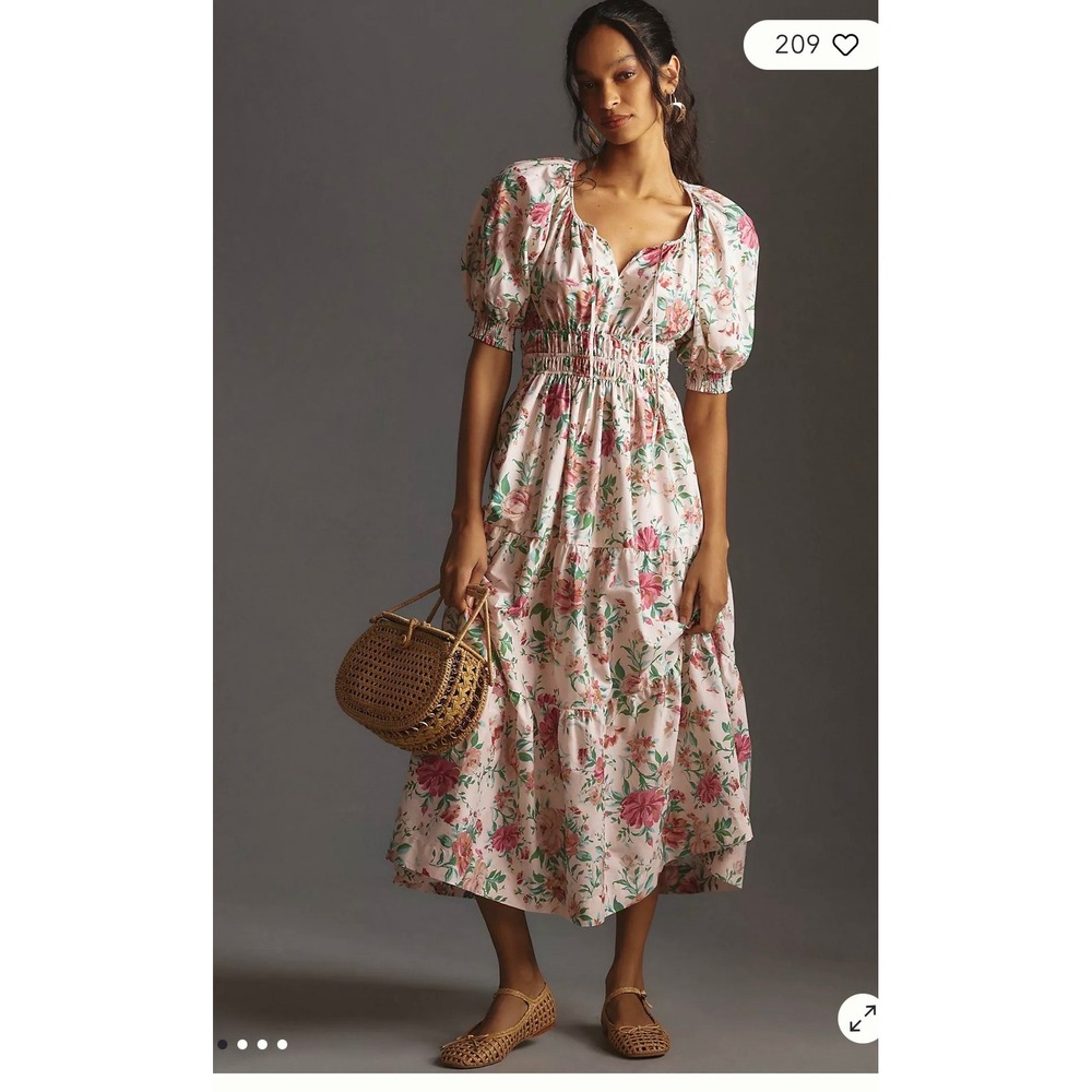 Anthropologie Midi Dress Women L Pink Floral Excellent Smocked Puff Cottagecore